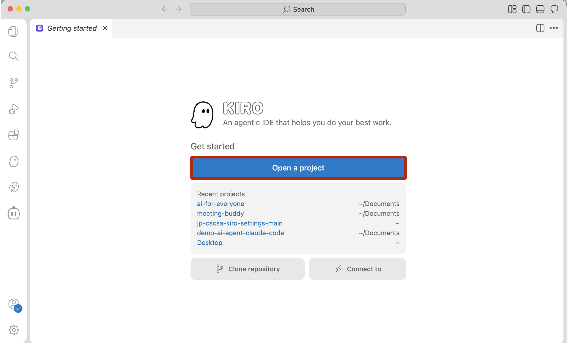 Kiro の Getting started 画面で Open a project ボタンを示した画面