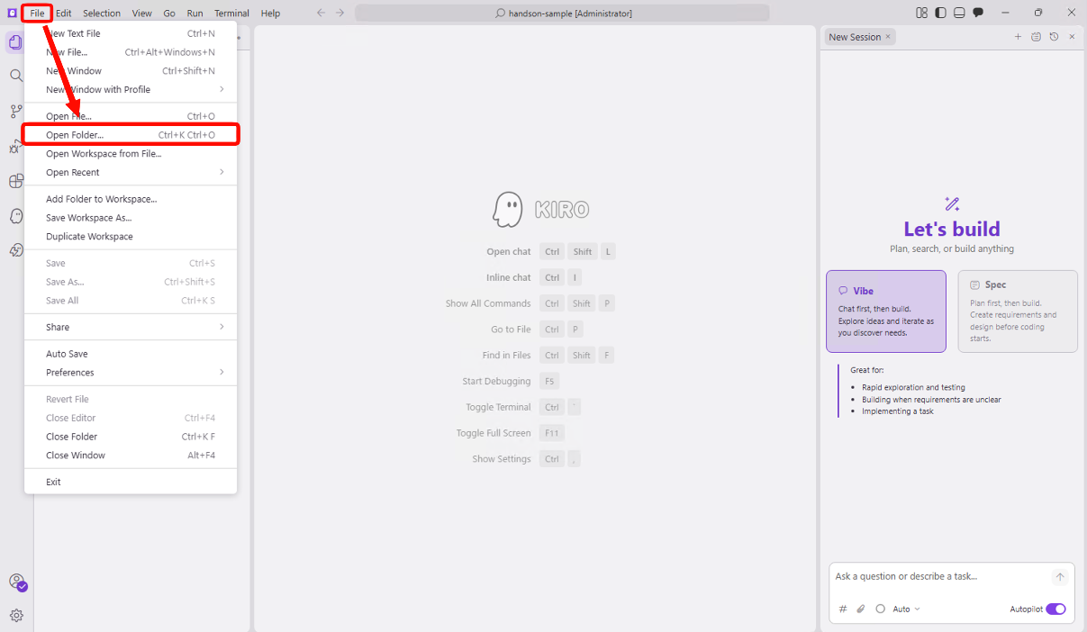Kiro の File メニューから Open Folder... を選んでいる画面