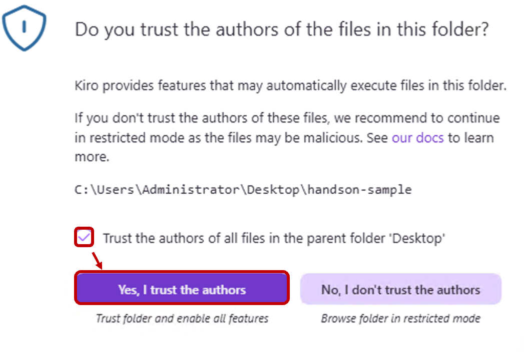 Kiro の Workspace Trust ダイアログで Yes, I trust the authors を選んでいる画面